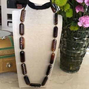 J. Crew Tortoise Resin Rectangular Bead Ribbon Tie Necklace Long Length